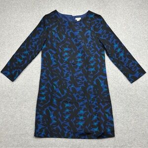 J. Crew Factory Blue and Black Printed Long Sleeve Shift Dress